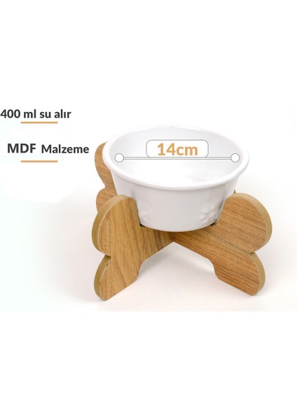 Seramik Kaseli Ahşap Ayaklı Tekli Kedi-Köpek Mama/Su Kabı Stantı.400 ml.