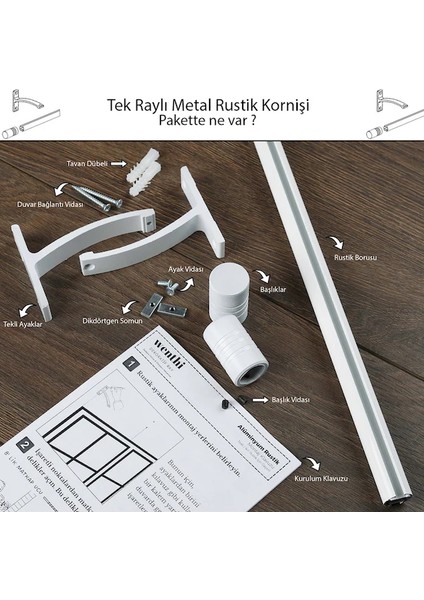 Kornişli Metal Rustik Beyaz Venti 20MM Tek Raylı Perde Askısı, Rustik Borusu, Metal Korniş