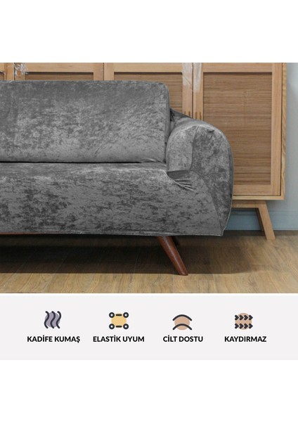 Kadife 3 kişilik koltuk örtüsü Lastikli Kanepe Örtüsü Antrasit | Lastikli Koltuk Örtüsü | Koltuk Kılıfı indirimleri