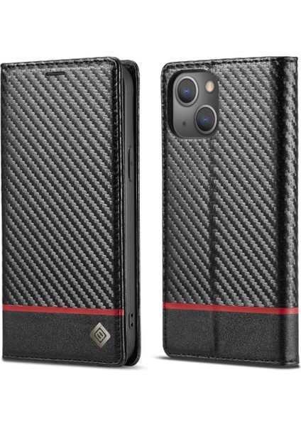 Iphone 14 Için Kılıf Manyetik Karbon Fiber Kart Ekleme Deri Folio (Yurt Dışından)