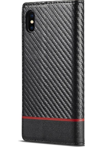 Iphone Xs Max Manyetik Karbon Fiber Deri Folio Flip Case (Yurt Dışından)