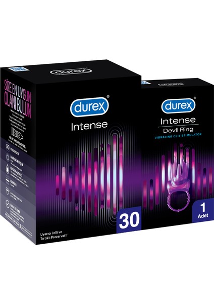 Intense 30'lı Uyarıcı Jelli ve Tırtıklı Prezervatif+Durex Intense Devil Ring Titreşimli Halka