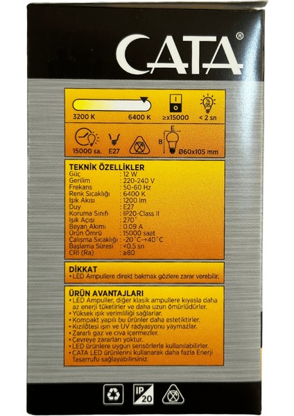 CT-4266 12W 6400K (Beyaz Işık) E27 Duylu LED Ampul (10 Adet)