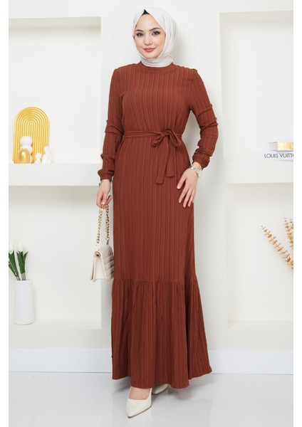 Lara Kuşaklı Elbise Kahverengi HM2371