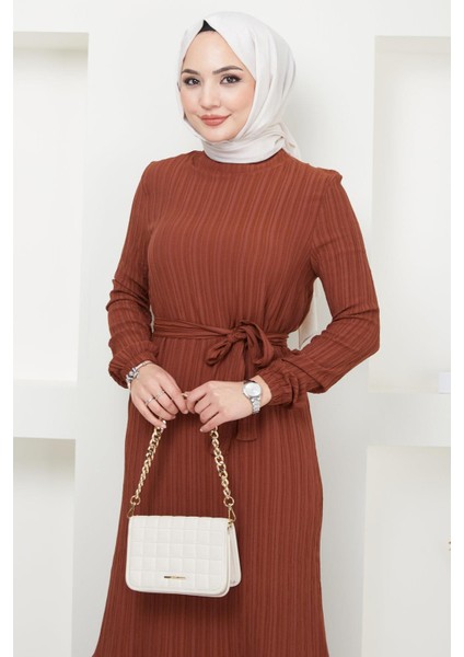 Lara Kuşaklı Elbise Kahverengi HM2371 fiyatları