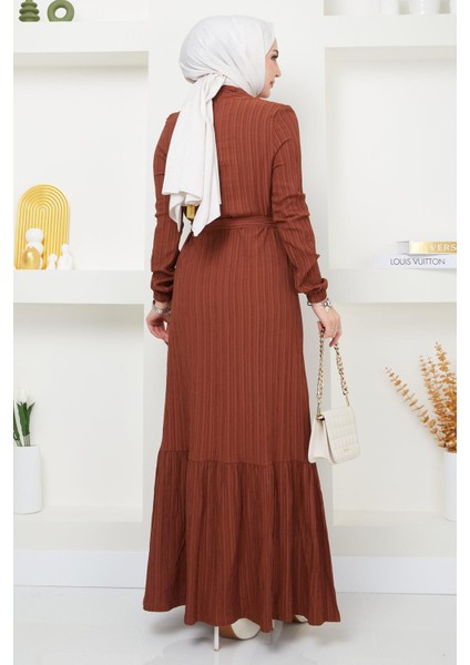 Lara Kuşaklı Elbise Kahverengi HM2371 indirimleri