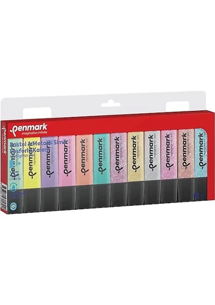 Fosforlu Kalem 12 Li Asetat Karışık Renk 6 Pastel + 6 Simli
