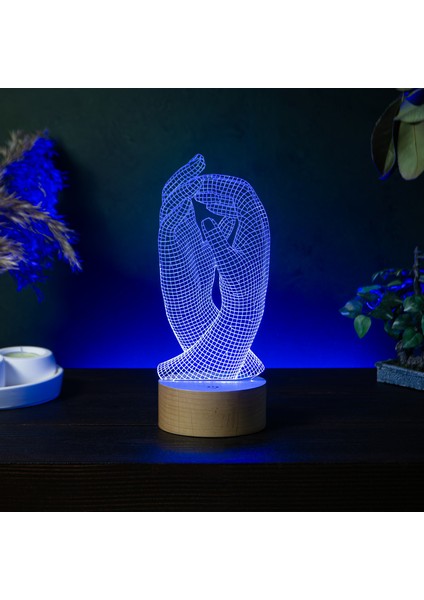 Eller Figürlü Dekoratif Hediye Led Masa Lambası | 7 Işık Rengi | Ahşap Taban