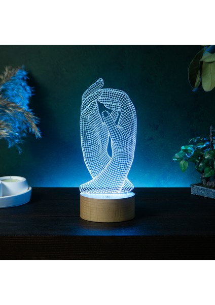 Eller Figürlü Dekoratif Hediye Led Masa Lambası | 7 Işık Rengi | Ahşap Taban