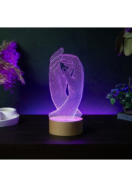 Eller Figürlü Dekoratif Hediye Led Masa Lambası | 7 Işık Rengi | Ahşap Taban