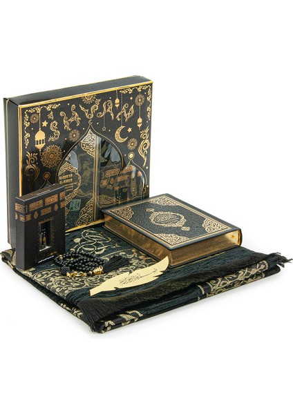 Almanca Mealli Medine Hatlı Kuranı Kerim ve Seccade Seti Siyah