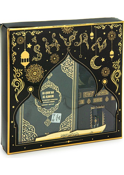 Almanca Mealli Medine Hatlı Kuranı Kerim ve Seccade Seti Siyah fırsatları