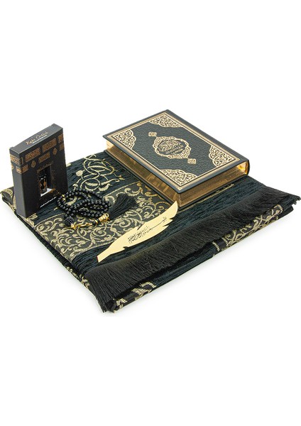 Almanca Mealli Medine Hatlı Kuranı Kerim ve Seccade Seti Siyah indirimleri
