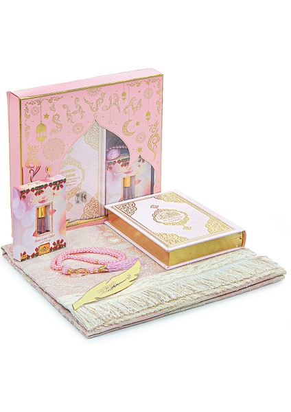 Almanca Mealli Medine Hatlı Kuranı Kerim ve Seccade Seti Pembe