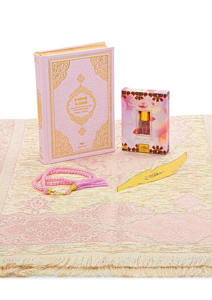 Almanca Mealli Medine Hatlı Kuranı Kerim ve Seccade Seti Pembe indirimleri