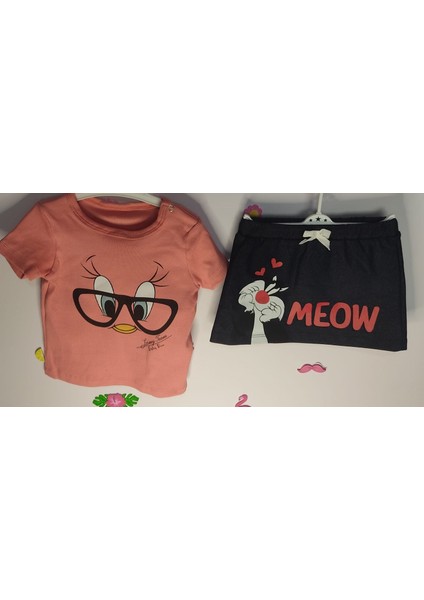 Kız Bebek Kedi Model T-Shirt Etek Takım