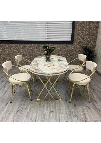 Mutfak Masa Sandalye Takımı Selenit 80-140 Oval Gold 4 KiŞİLİK Mutfak Masası Takımı