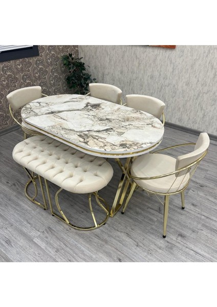 Mutfak Masa Sandalye Takımı Seleni?t 80-140 Oval Gold 6 Ki?şi?li?k Benchli? Mutfak Masası Takımı