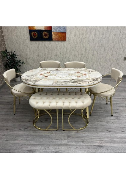 Mutfak Masa Sandalye Takımı Seleni?t 80-140 Oval Gold 6 Ki?şi?li?k Benchli? Mutfak Masası Takımı