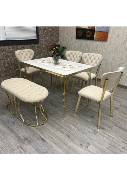 Mutfak Masa Sandalye Takımı Akuamarin 80-120 Ck Gold Benchli 6 Kişilik Mutfak Masası Takımı