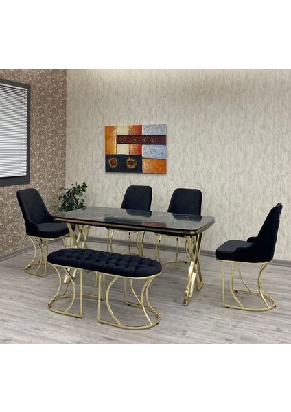Mutfak Masası Takımı, Salon Takımı 6 Kişilik Mutfak Masası Takımı, Siyah Mermer Galaksi Gold