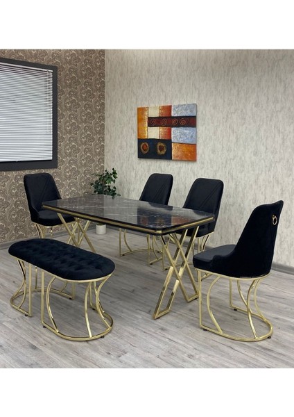 Mutfak Masası Takımı, Salon Takımı 6 Kişilik Mutfak Masası Takımı, Siyah Mermer Galaksi Gold