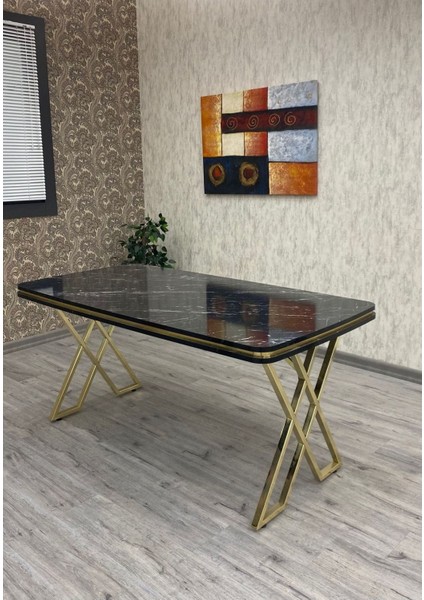 Mutfak Masası Takımı, Salon Takımı 6 Kişilik Mutfak Masası Takımı, Siyah Mermer Galaksi Gold