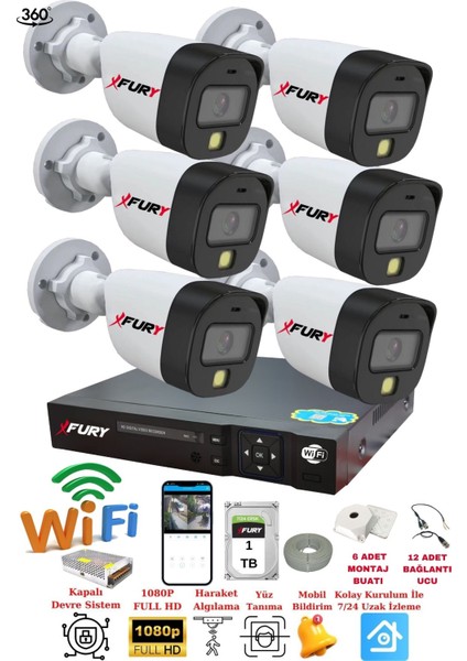 6 Kameralı Gece Renkli 1080P 2mp Görüntü Full Hd Ultra LED Gece Renkli Güvenlik Kamerası Seti 1 Tb
