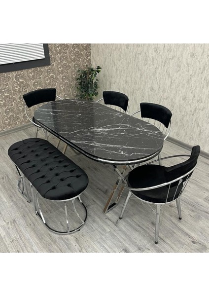 Mutfak Masa Sandalye Takımı Seleni?t 80*140 Oval Gümüş Benchli? 6 Kişilik Mutfak Masa Takımı