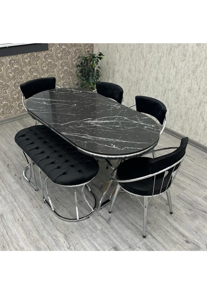 Mutfak Masa Sandalye Takımı Seleni?t 80*140 Oval Gümüş Benchli? 6 Kişilik Mutfak Masa Takımı