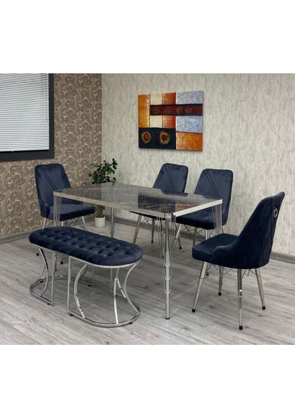 Mutfak Masası Takımı, Salon Masa Takımı 6 Kişilik Mutfak Masası Takımı, Gümüş Benchli Masa Takımı