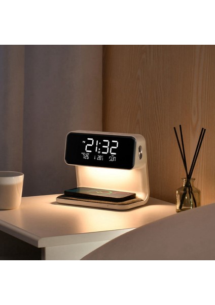 Takvim Saat Sıcaklık Göstergesi Entegre Işık Cep Telefonu Indüksiyon Şarjlı Gece Lambası (Ab Fişi),(Yurt Dışından)