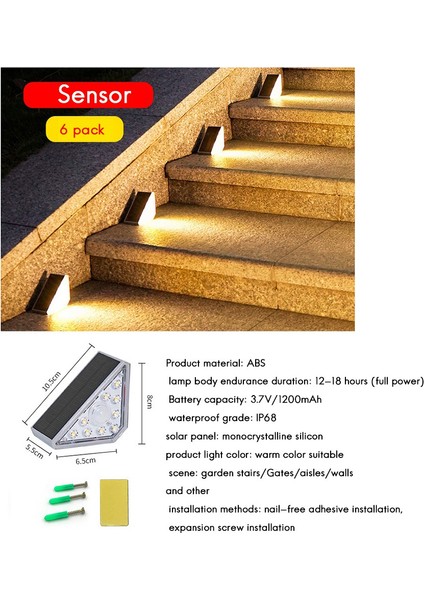 LED Güneş Enerjili Merdiven Işık Su Geçirmez Güneş Peyzaj Işık Açık Avlu Duvar Işık Indüksiyon Işık Için Sıcak Işık 6 Adet,(Yurt Dışından)