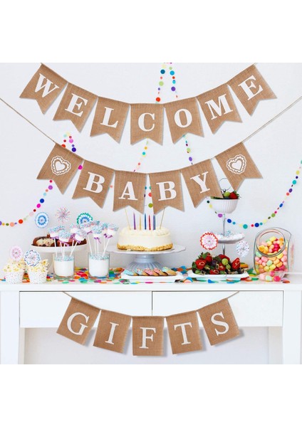 3 Parça Hoş Geldiniz Bebek Banner Hediye Çuval Bezi Banner Bebek Duş Banner Bunting Çelenk Bebek Duş Parti Süsleme Şekeri (Yurt Dışından)