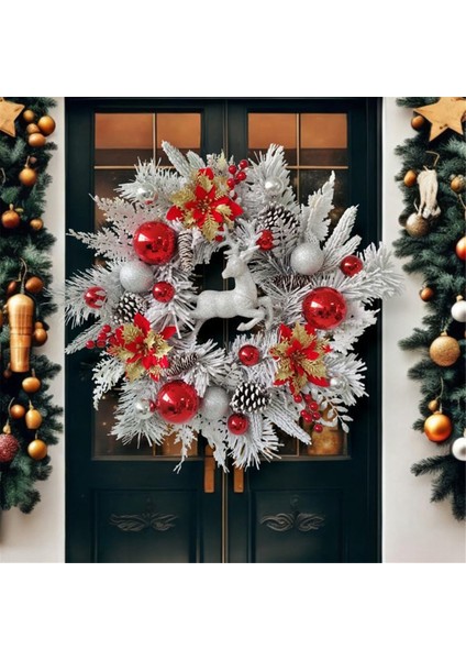 Ön Kapı Için Noel Çelengi Noel Poinsettia Çiçeği ile Noel Ren Geyiği Çelengi Noel Süslemeleri (Yurt Dışından) fırsatları