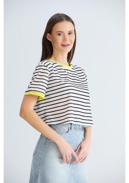 Çizgili Crop Tshirt Siyah