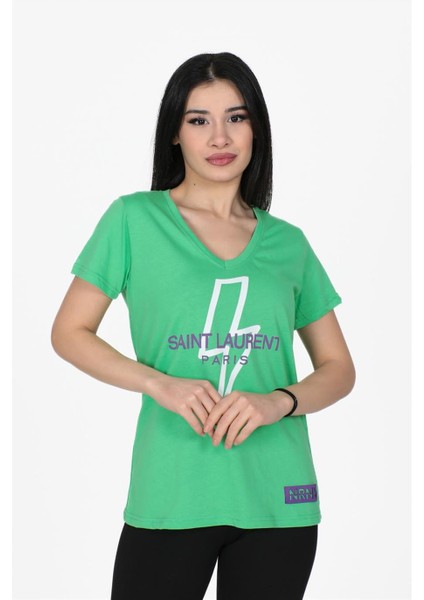 Yıldırım Baskılı V Yaka Tshirt Yeşil