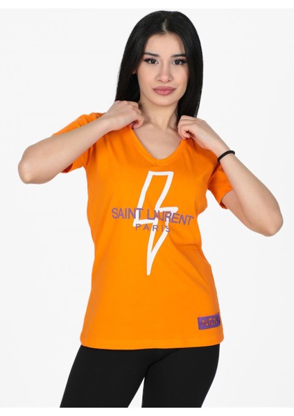 Yıldırım Baskılı V Yaka Tshirt Oranj