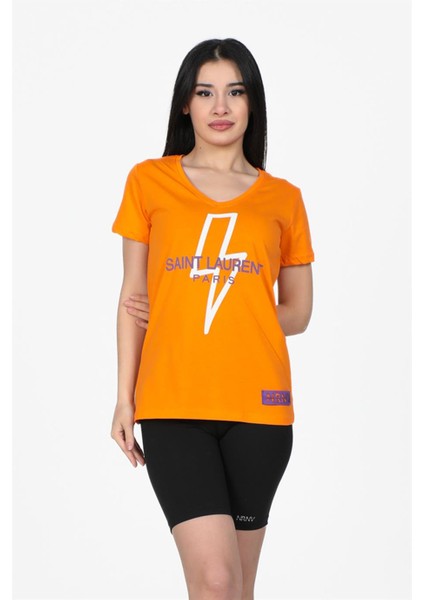 Yıldırım Baskılı V Yaka Tshirt Oranj