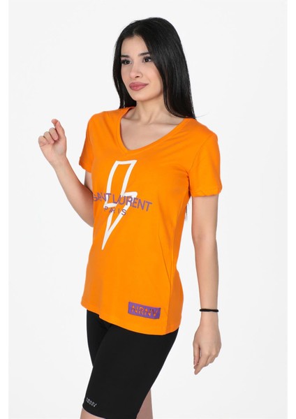 Yıldırım Baskılı V Yaka Tshirt Oranj