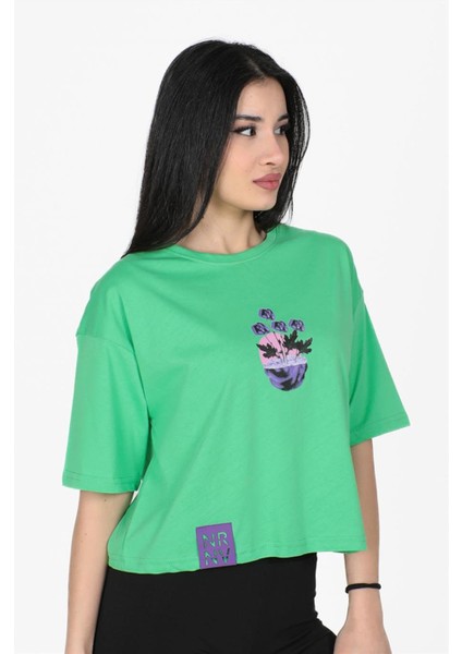 Çiçek Baskılı Crop Model Tshirt Yeşil