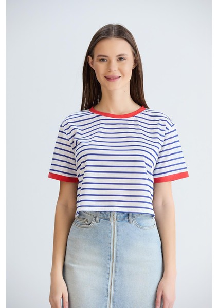 Çizgili Crop Tshirt Mavi