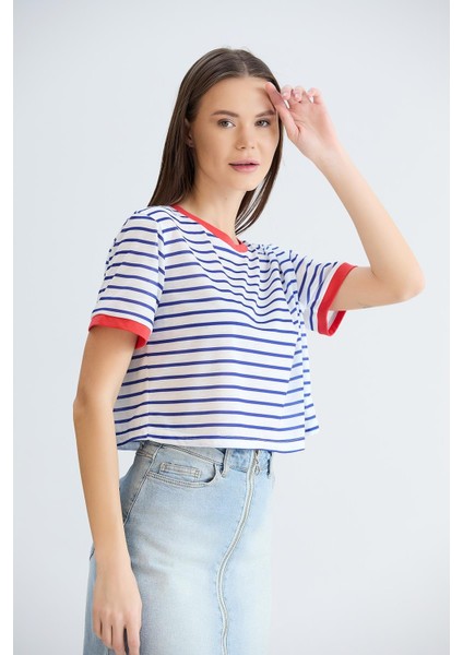 Çizgili Crop Tshirt Mavi