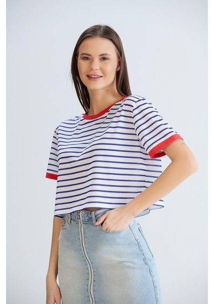 Çizgili Crop Tshirt Mavi