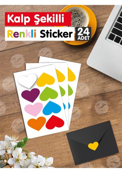 Yapışkanlı Kalp Şekilli Renkli Sticker Etiket Hediye Paketleme Parti Hediyeleri 24 Adet 3,5x2,5 CM-T951