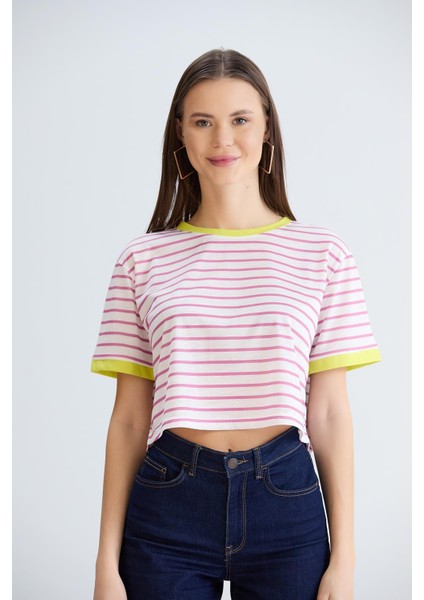 Çizgili Crop Tshirt Pembe