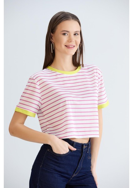 Çizgili Crop Tshirt Pembe