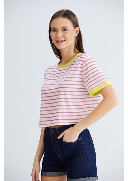 Çizgili Crop Tshirt Pembe