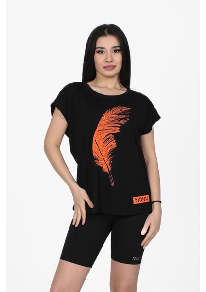 Tüy Baskılı Kesik Kol Tshirt Siyah