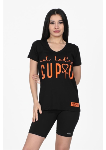 Cupid Baskılı V Yaka Tshirt Siyah